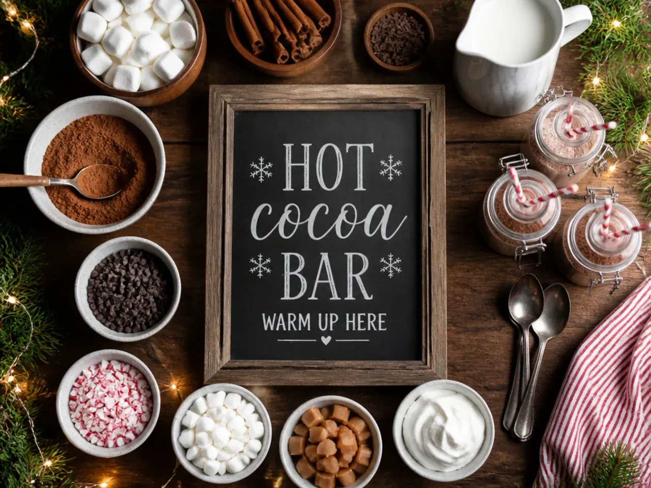 Overhead view of a fully styled hot cocoa bar with sign and toppings