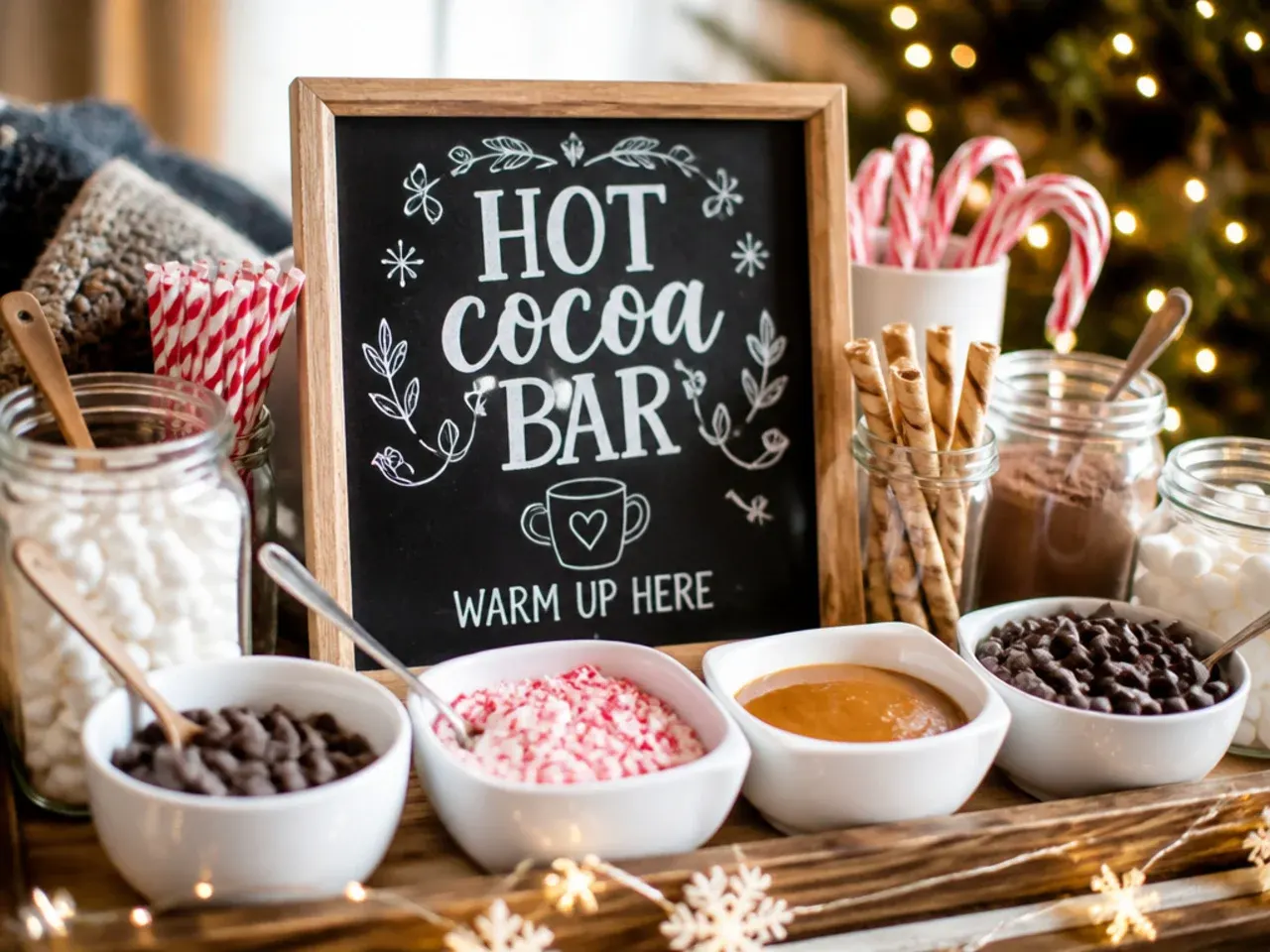Slow cooker of hot chocolate next to a make-ahead cocoa bar sign