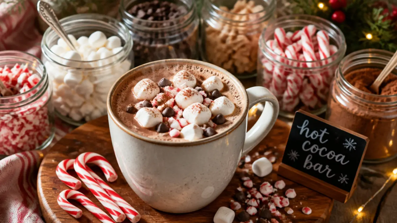 Overhead shot of a hot cocoa bar with mugs of hot chocolate surrounded by small bowls of marshmallows, crushed candy canes, whipped cream, chocolate shavings and cinnamon