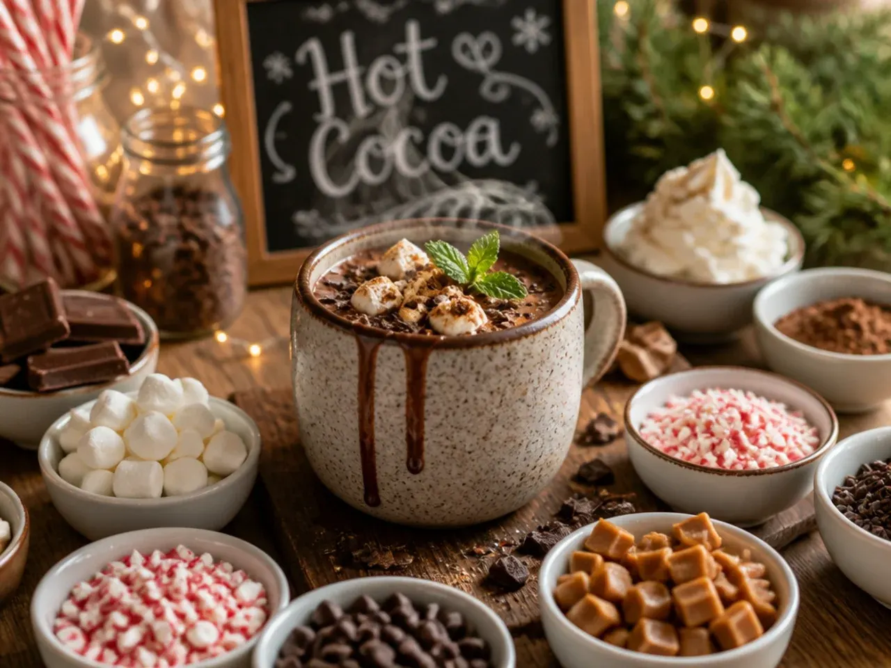 Close-up of small bowls filled with candy canes, chocolate shavings, cinnamon and marshmallows arranged for a hot cocoa bar