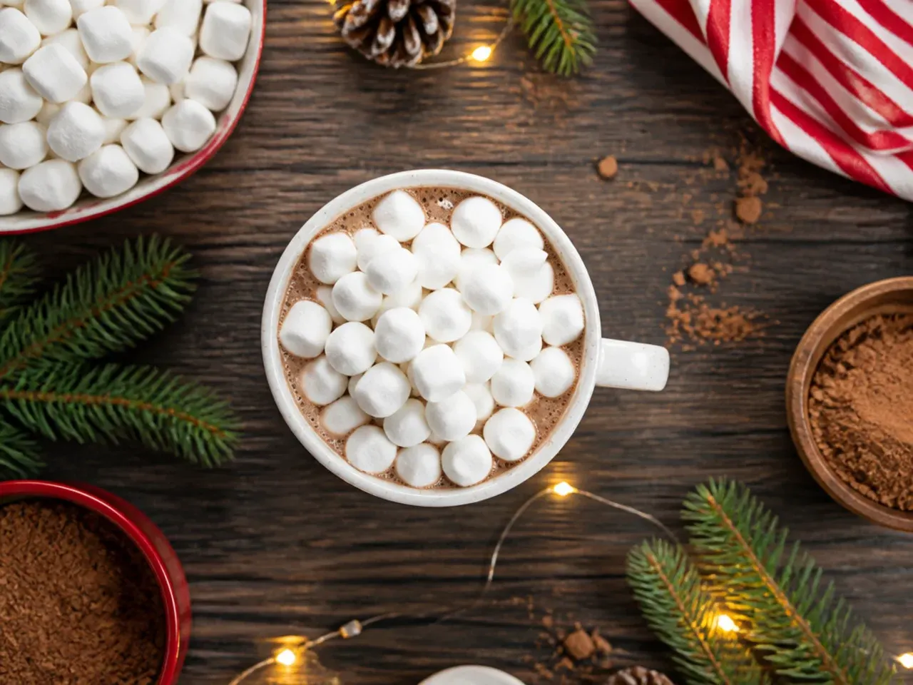 Single mug of hot chocolate topped with a small handful of mini marshmallows on a wooden table