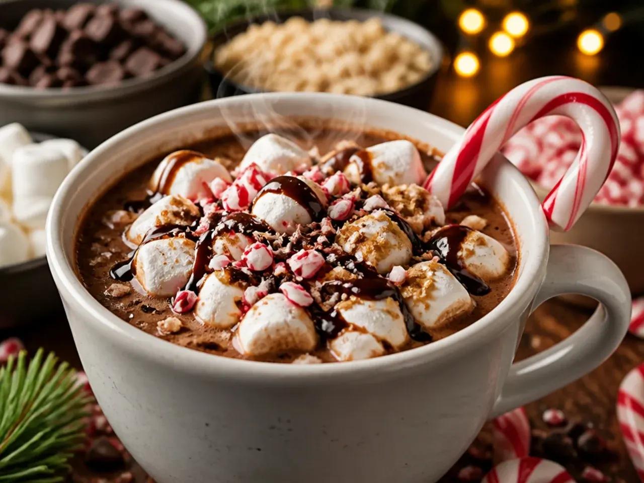 Two mugs of hot chocolate side by side, one plain with marshmallows and one loaded with whipped cream, caramel drizzle and chocolate shavings