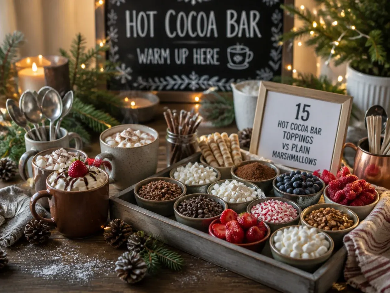 Hands decanting mini marshmallows and chocolate shavings into small serving bowls for a hot cocoa bar