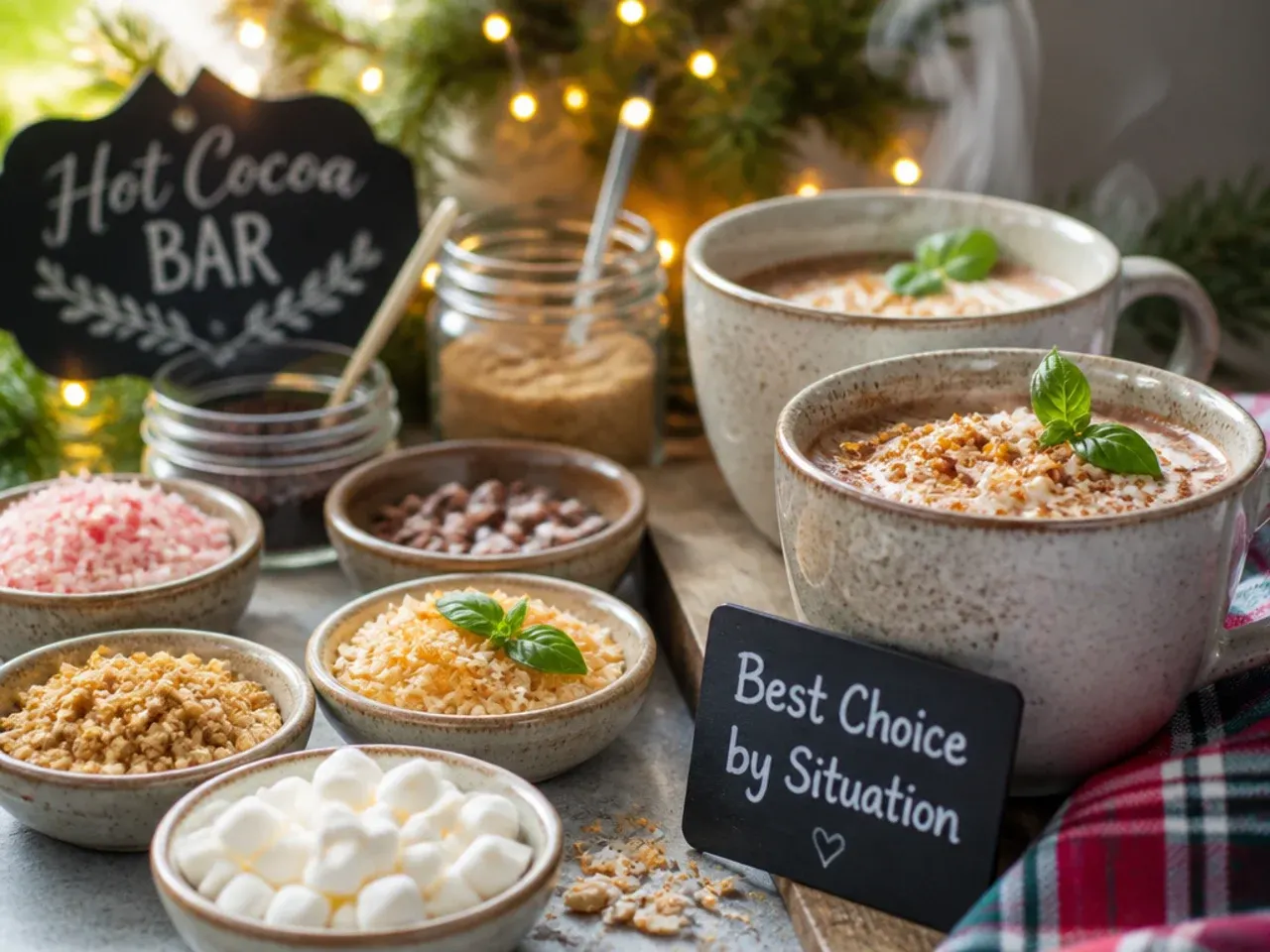 Family gathered around a hot cocoa bar spread with mugs, toppings and a chalkboard sign