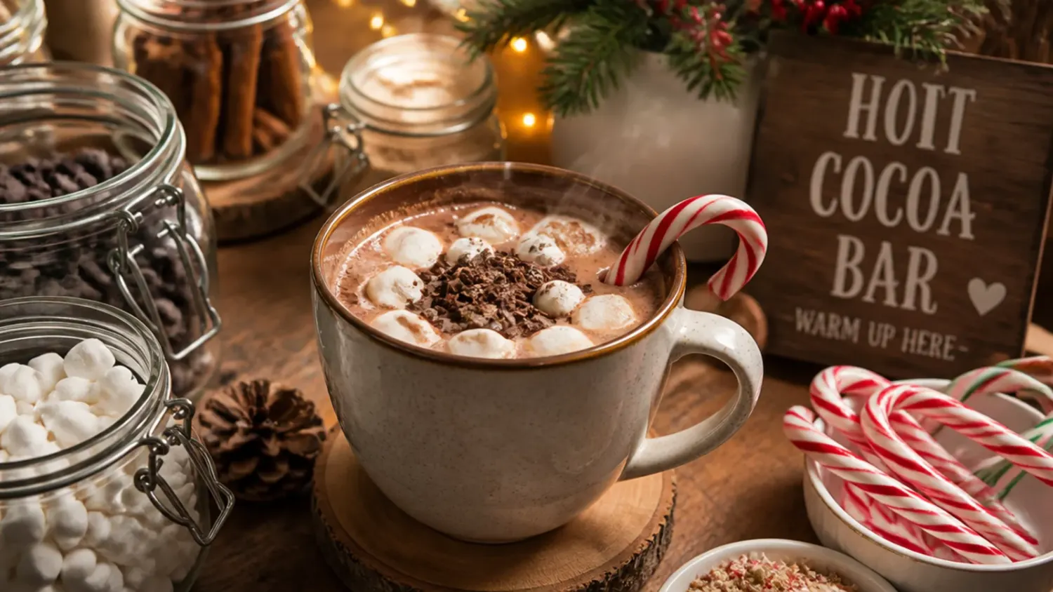 A wedding hot cocoa bar station with glass mugs, a warm milk urn and bowls of toppings arranged on a table dressed with florals