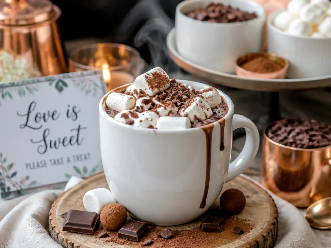 Overhead view of a wedding hot cocoa bar with mugs, a milk urn and toppings arranged on a linen-covered table