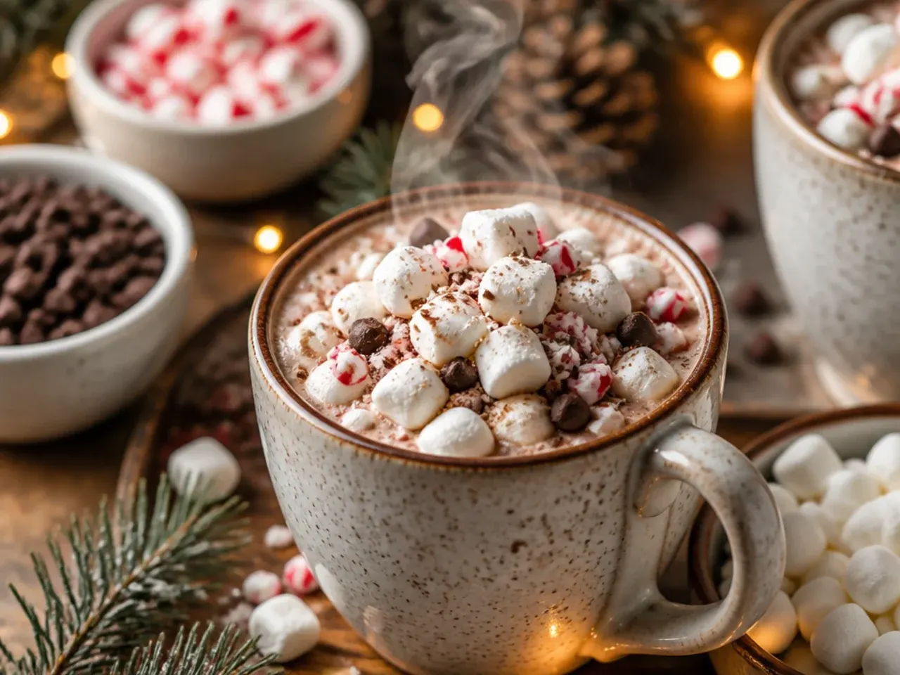 Cinnamon stick stirrers resting beside mugs of spiced hot cocoa at an autumn wedding table