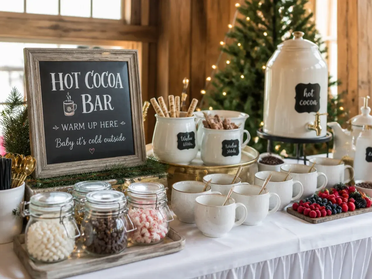 A simple three-ingredient hot cocoa being whisked by hand in a mug at a casual wedding