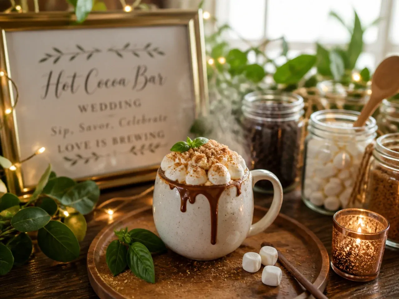 Pale creamy white hot chocolate in a glass mug set against an ivory and blush wedding table setting