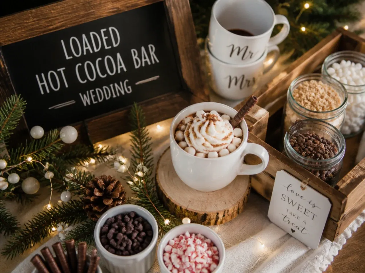 Row of small labelled bowls with hot cocoa toppings including marshmallows, sprinkles and caramel sauce