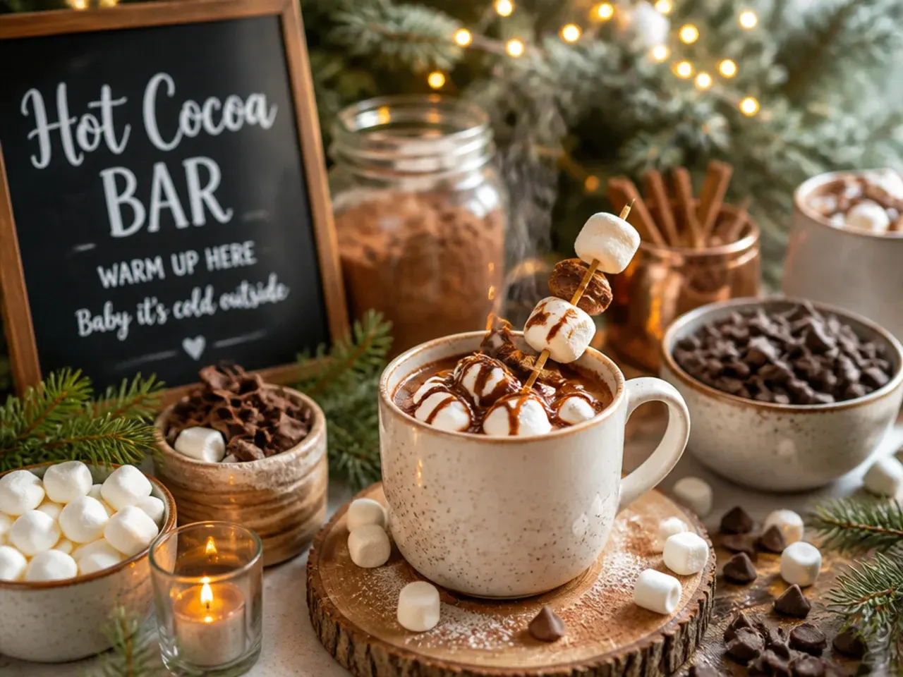 Hot cocoa mug with a visible caramel swirl, whipped cream and flaky sea salt on top