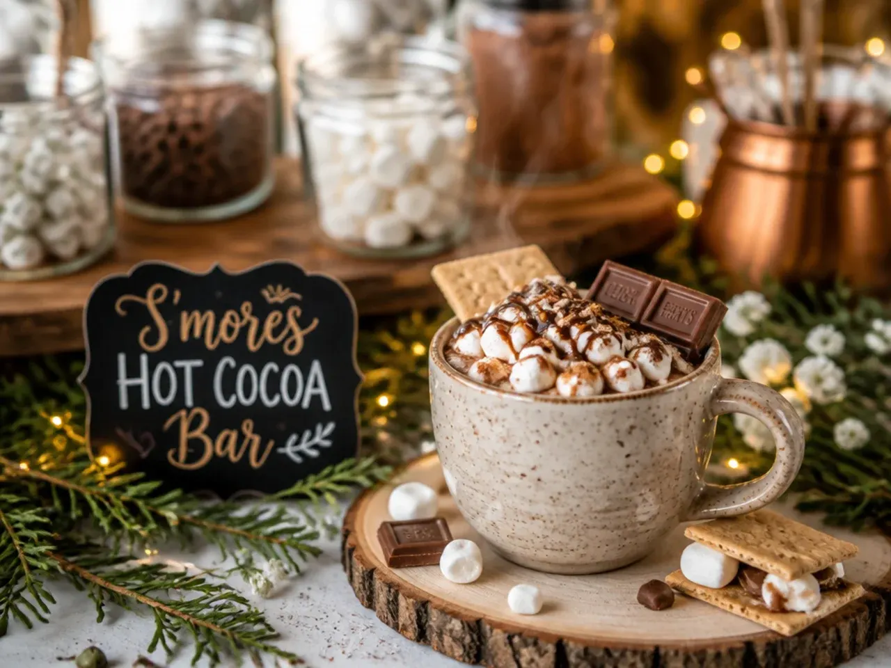 Hot cocoa mug topped with freshly torched golden marshmallows and a biscuit-crumb rim