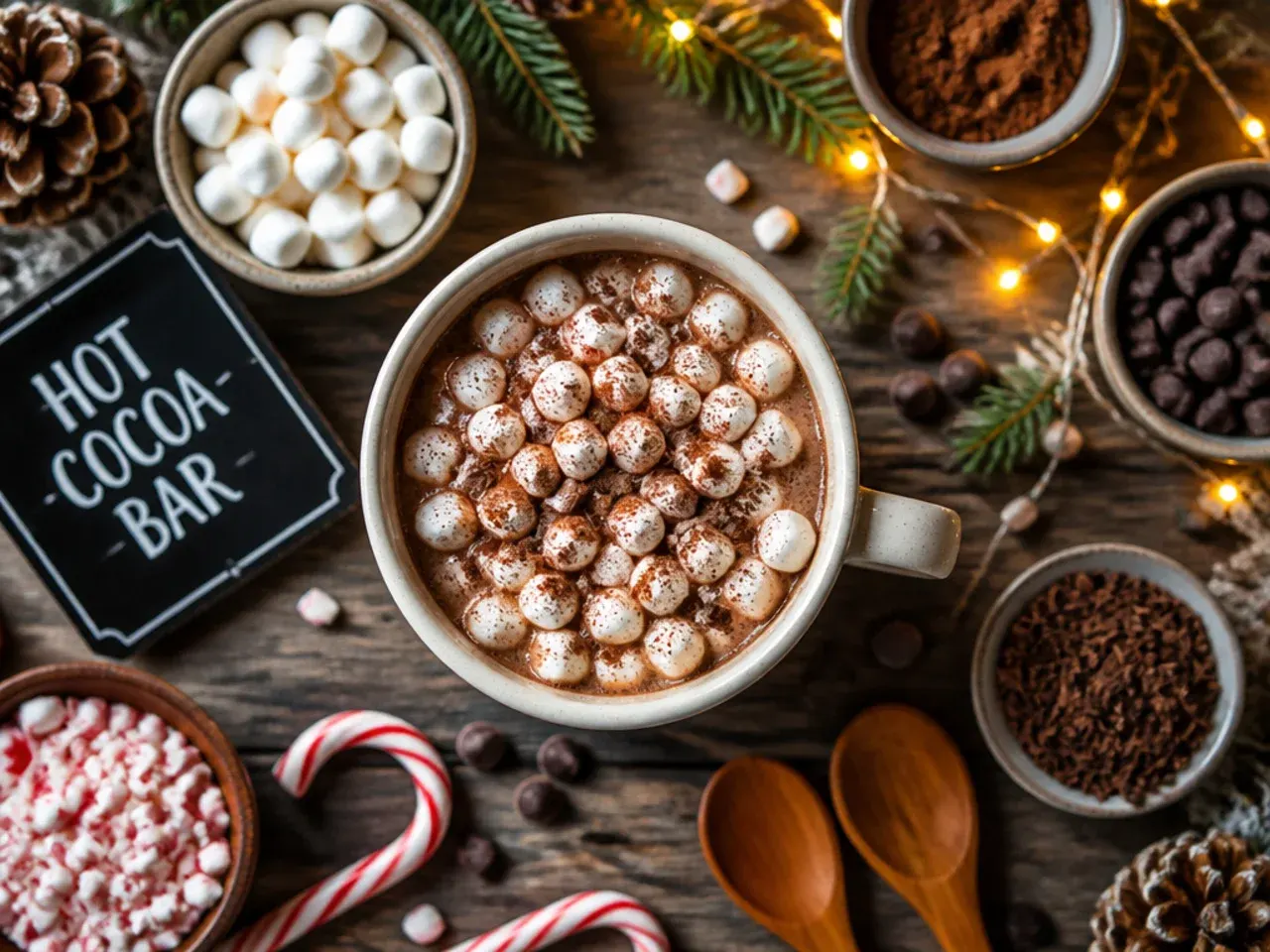 Simple budget hot cocoa bar with cocoa powder, sugar and bulk toppings in bowls