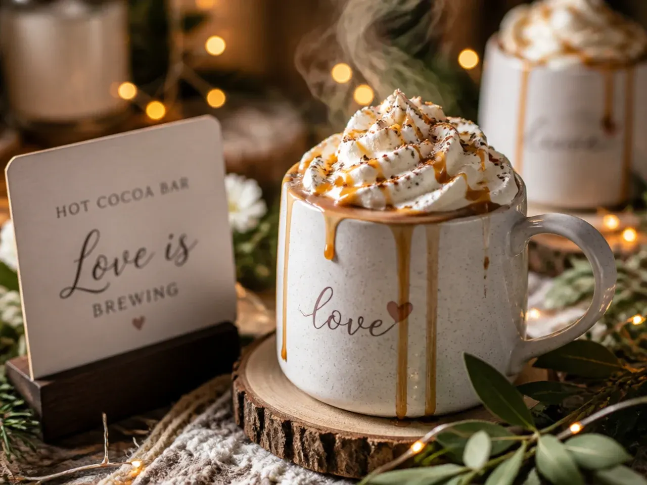 Two slow cookers of hot cocoa side by side with a queue of wedding guests filling mugs