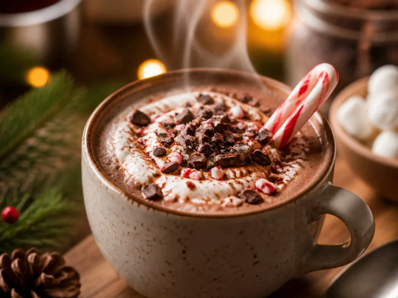 Small glass jars of hot cocoa mix tied with ribbon in wedding colours as favours
