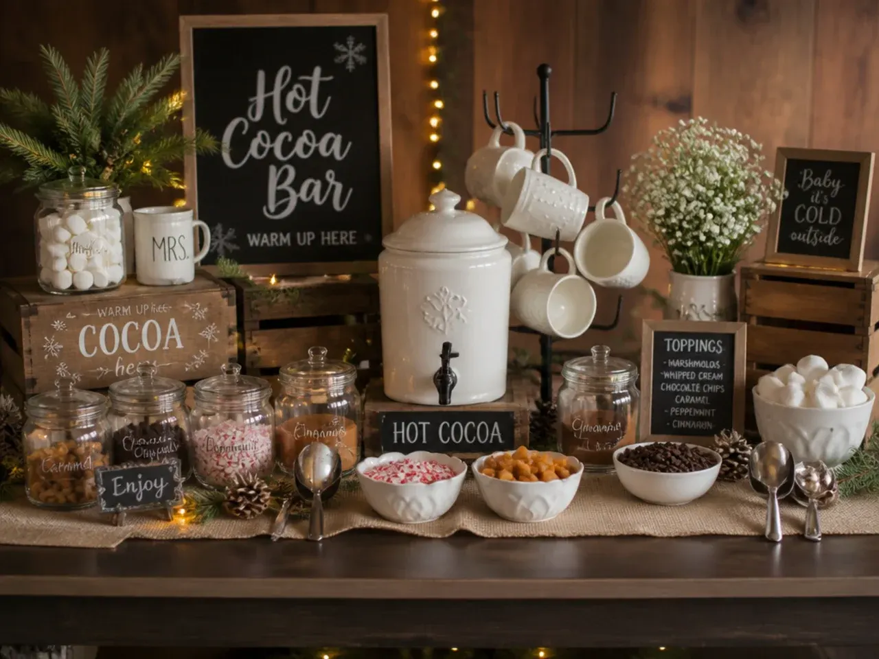 Child-friendly hot cocoa mug with sprinkles and chocolate buttons near a kids' table at a wedding