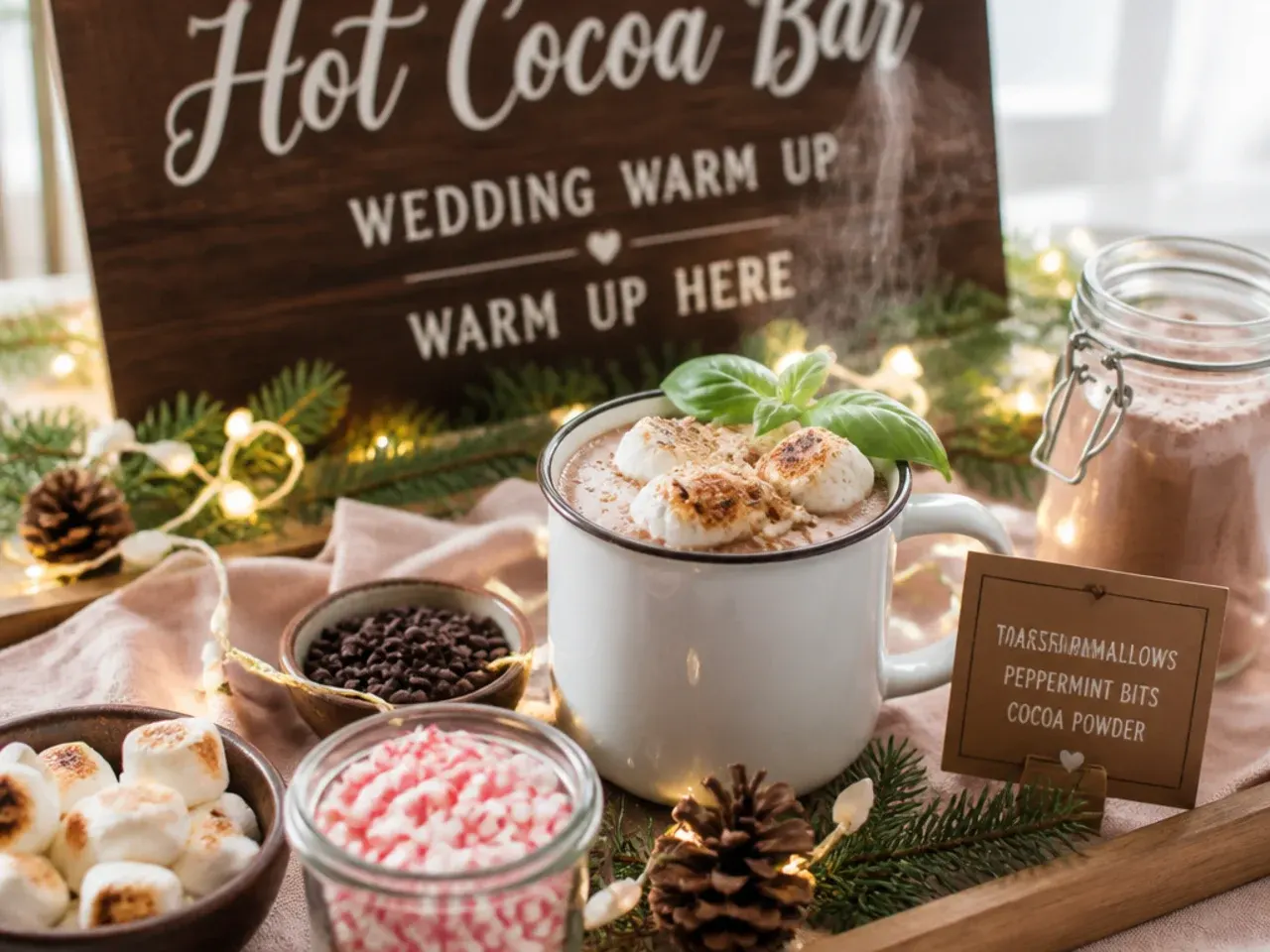 Festive wedding hot cocoa mug with red and green sprinkles and gold-dusted whipped cream