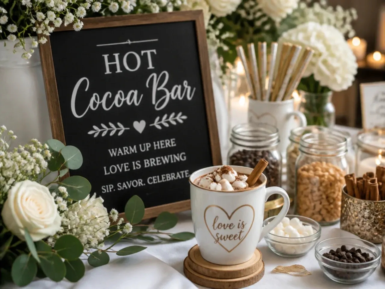Rimmed glass mugs of wedding hot cocoa with stirrers and a printed topping sign on a tray