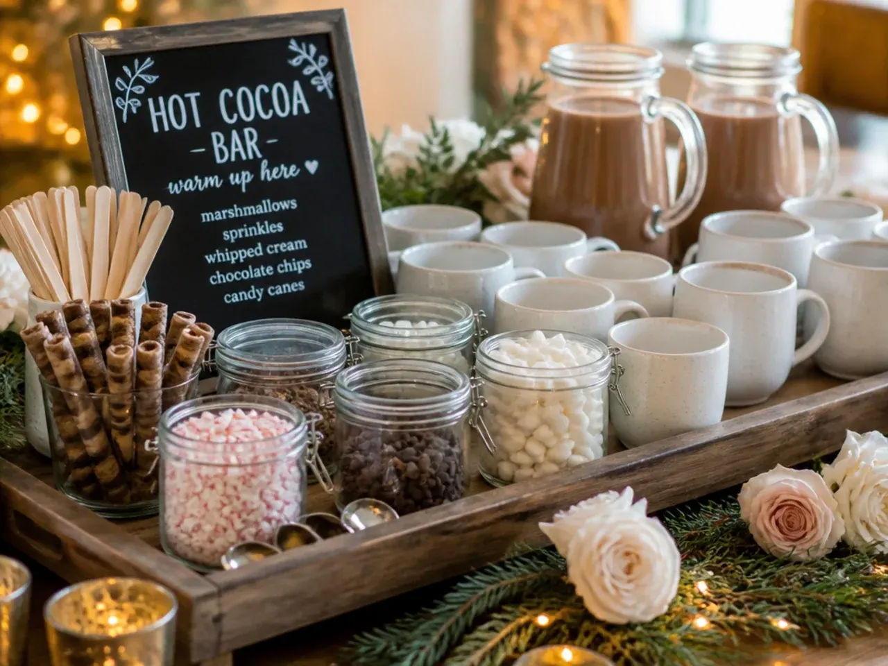 Large pot of hot cocoa base being reheated ahead of a wedding reception, with topping jars nearby