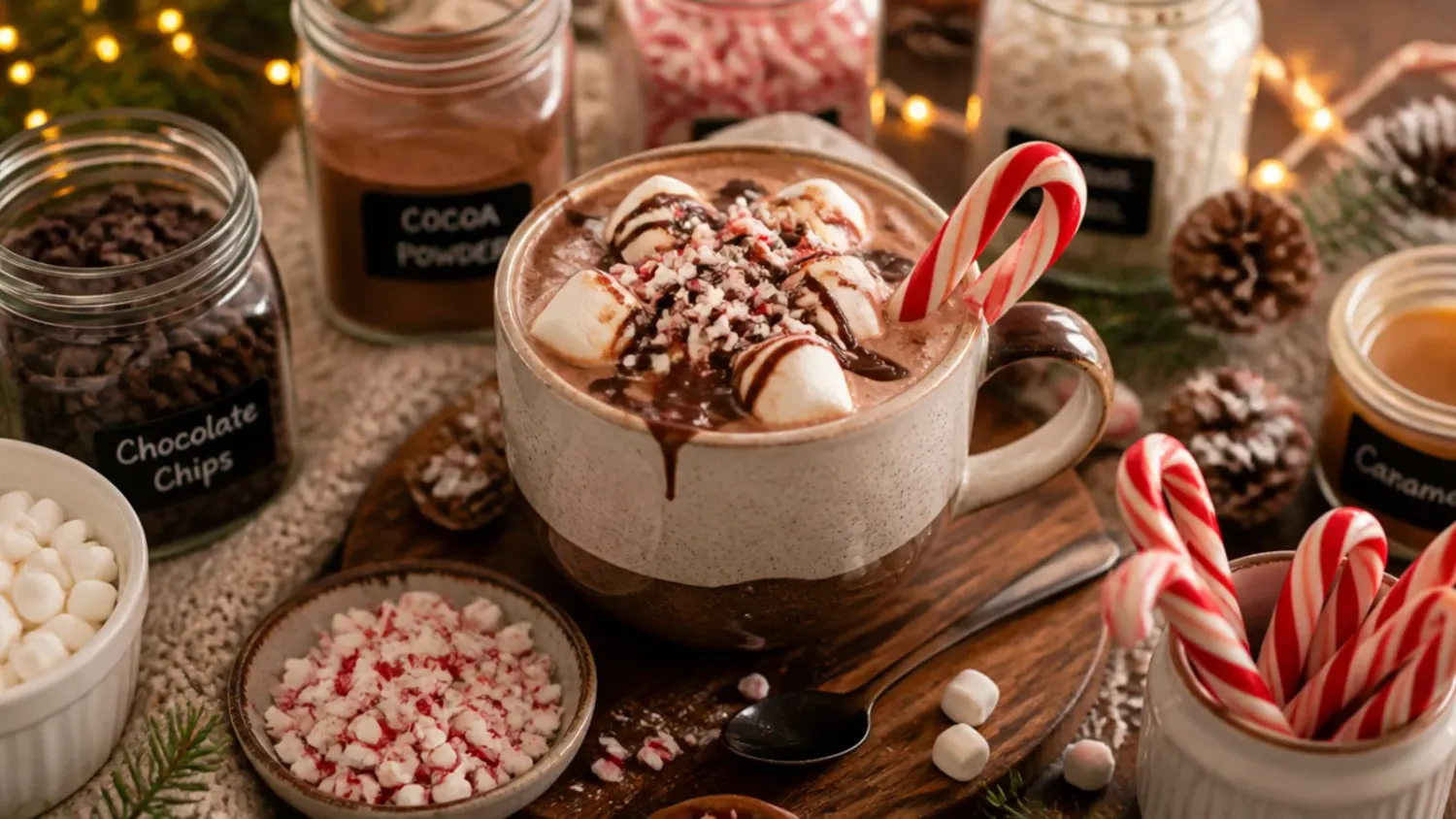 A cosy hot cocoa bar spread with mugs of steaming hot chocolate, bowls of marshmallows, whipped cream, crushed candy canes and chocolate shavings