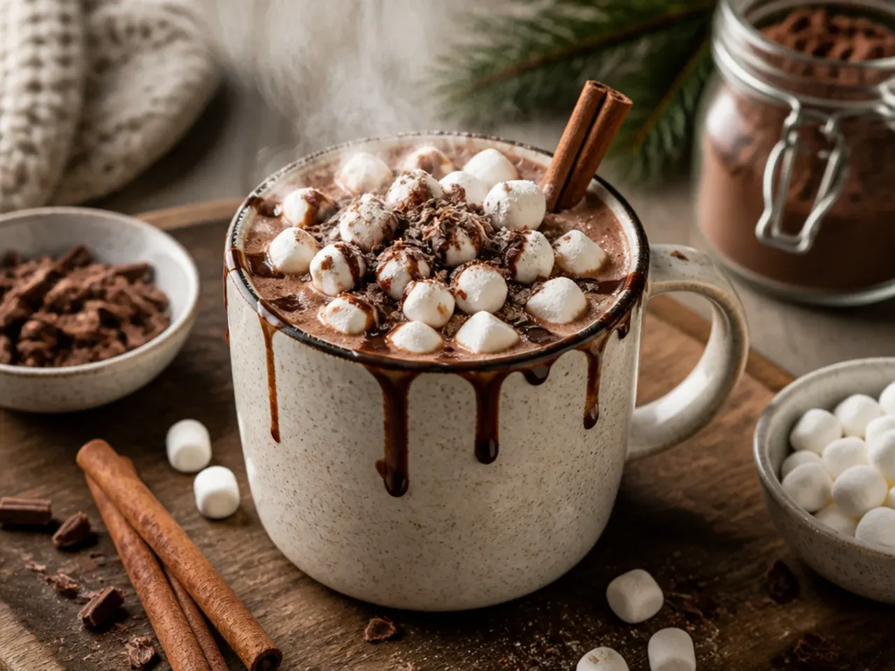 Overhead view of a hot cocoa bar with mugs, milk jug and toppings arranged on a wooden table