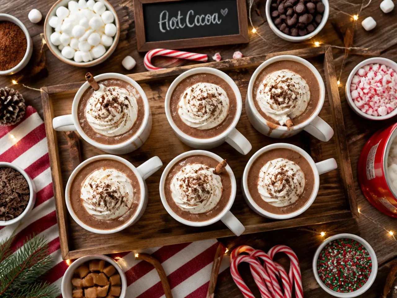 Mug of classic hot cocoa topped with mini marshmallows and whipped cream