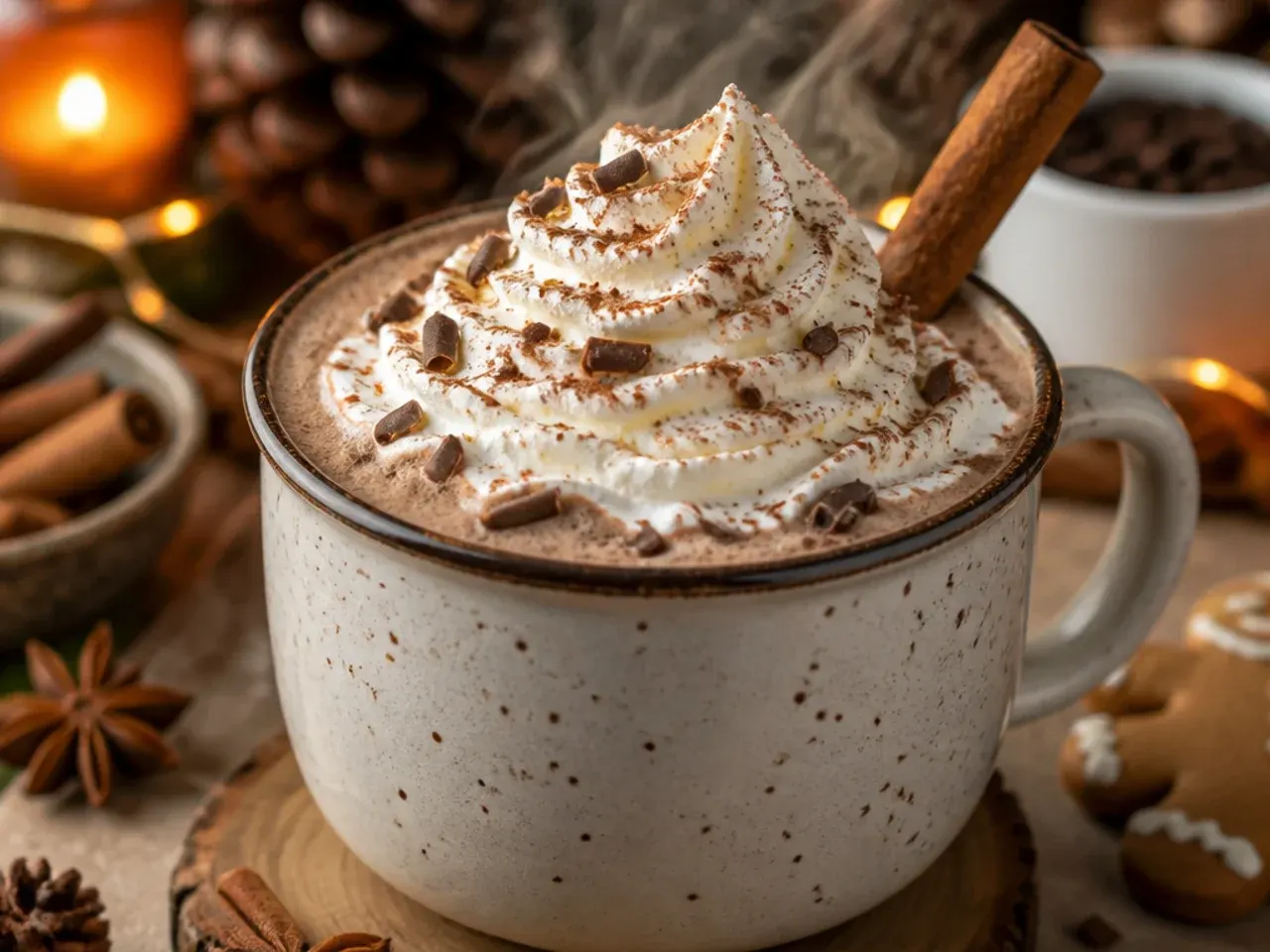 Hot cocoa mug with a cinnamon stick stirrer and a dusting of cinnamon on top