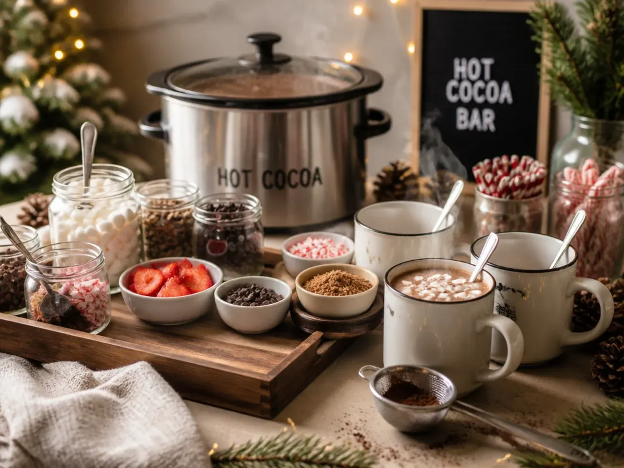 Slow cooker filled with hot cocoa next to a ladle and stack of mugs
