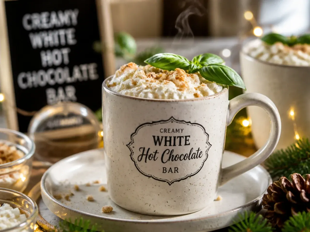 Pale creamy white hot chocolate in a glass mug with shortbread crumbs on top