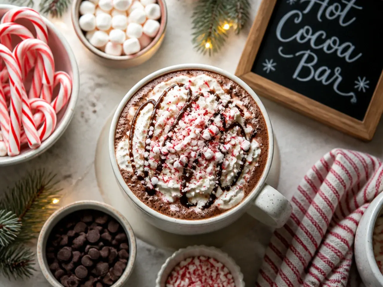 Hot cocoa mug rimmed with crushed candy cane and a whole candy cane stirrer