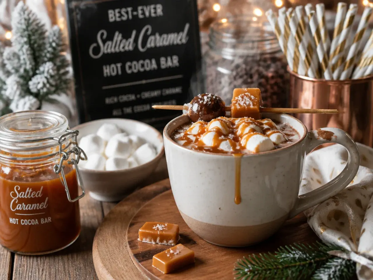 Hot cocoa mug with caramel swirl, whipped cream and flaky salt on top