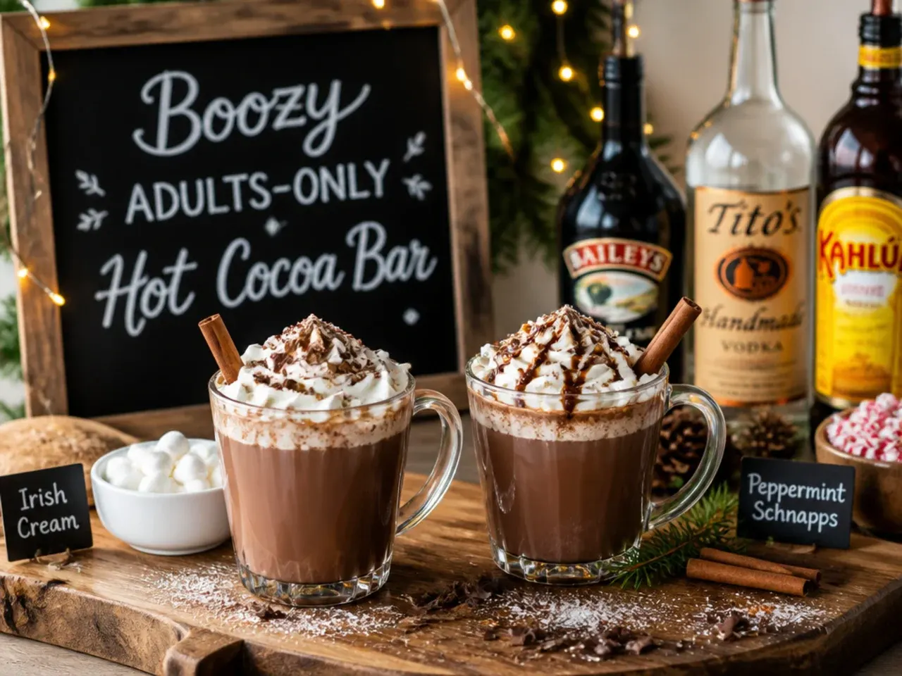 Small bar cart with hot cocoa mugs and bottles of liqueur for spiking drinks