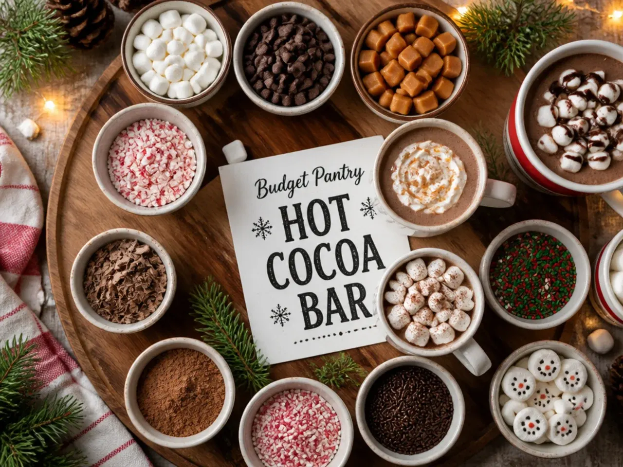 Simple pantry hot cocoa bar with cocoa powder, sugar and basic mugs