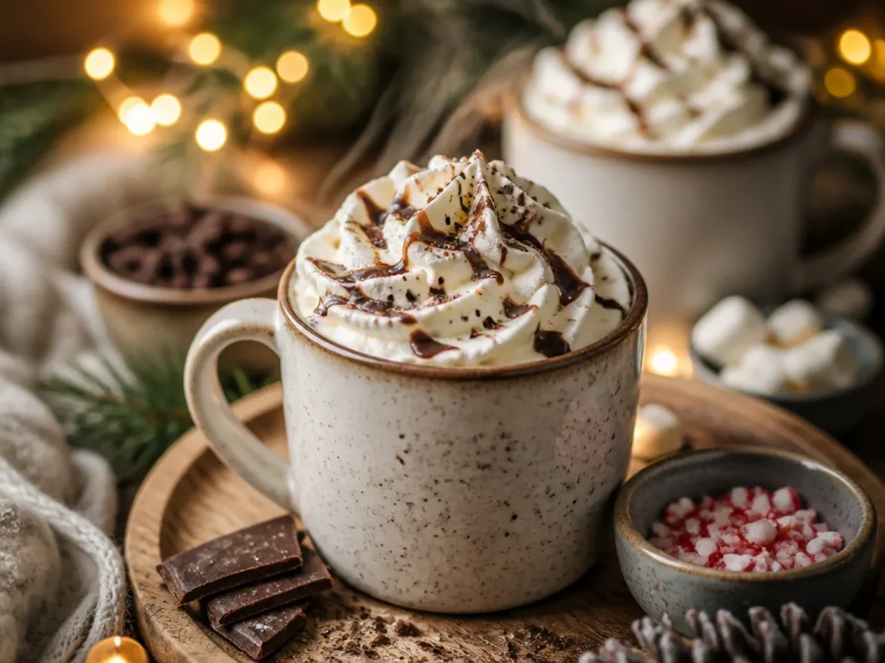 Row of small bowls with hot cocoa toppings including marshmallows, sprinkles and chocolate shavings