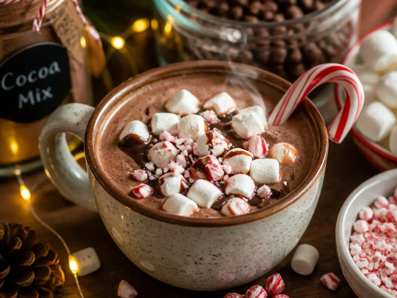 Glass jars layered with cocoa powder, sugar and mini marshmallows tied with ribbon