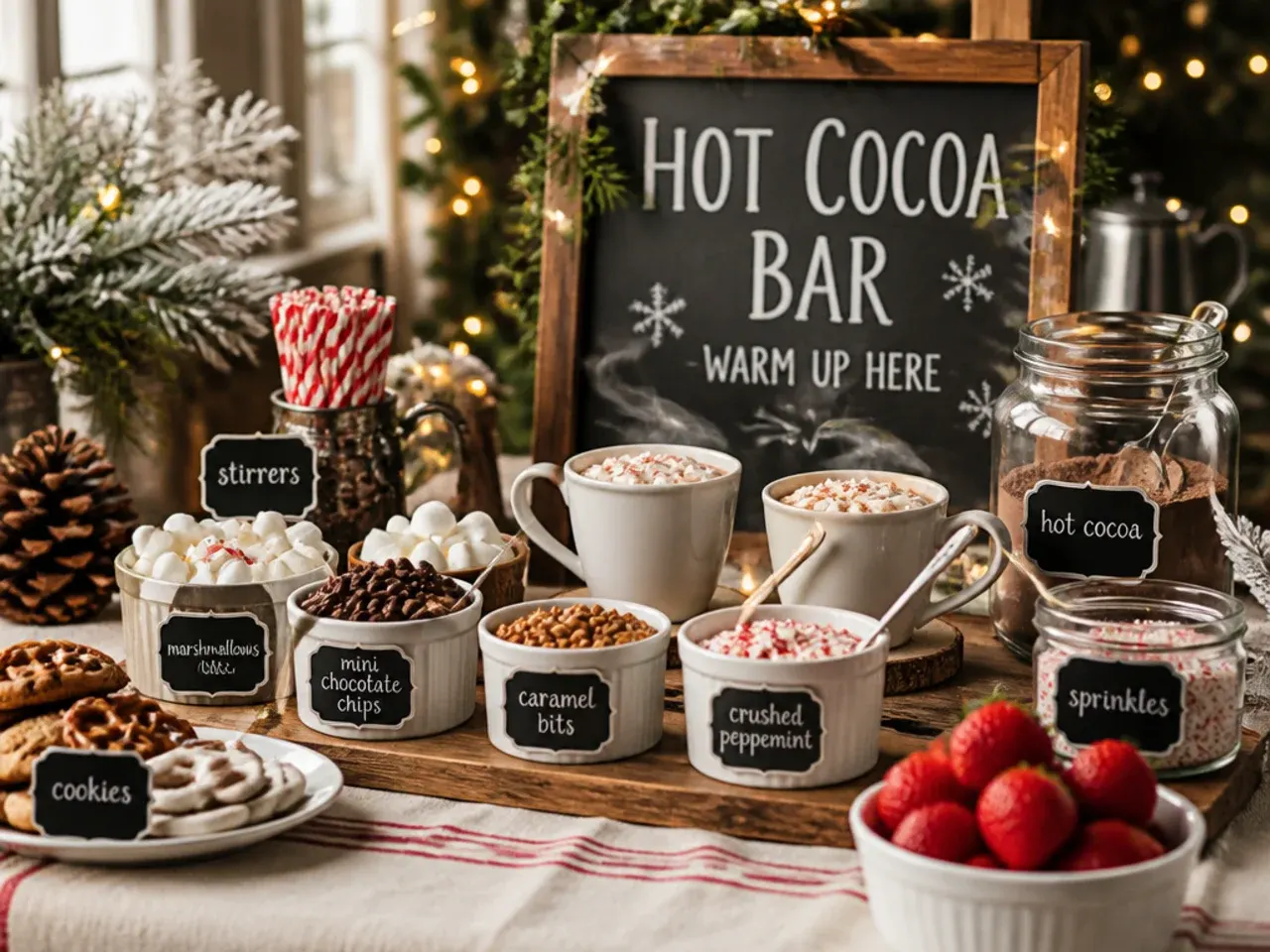 Child's hot cocoa mug topped with sprinkles, chocolate buttons and whipped cream