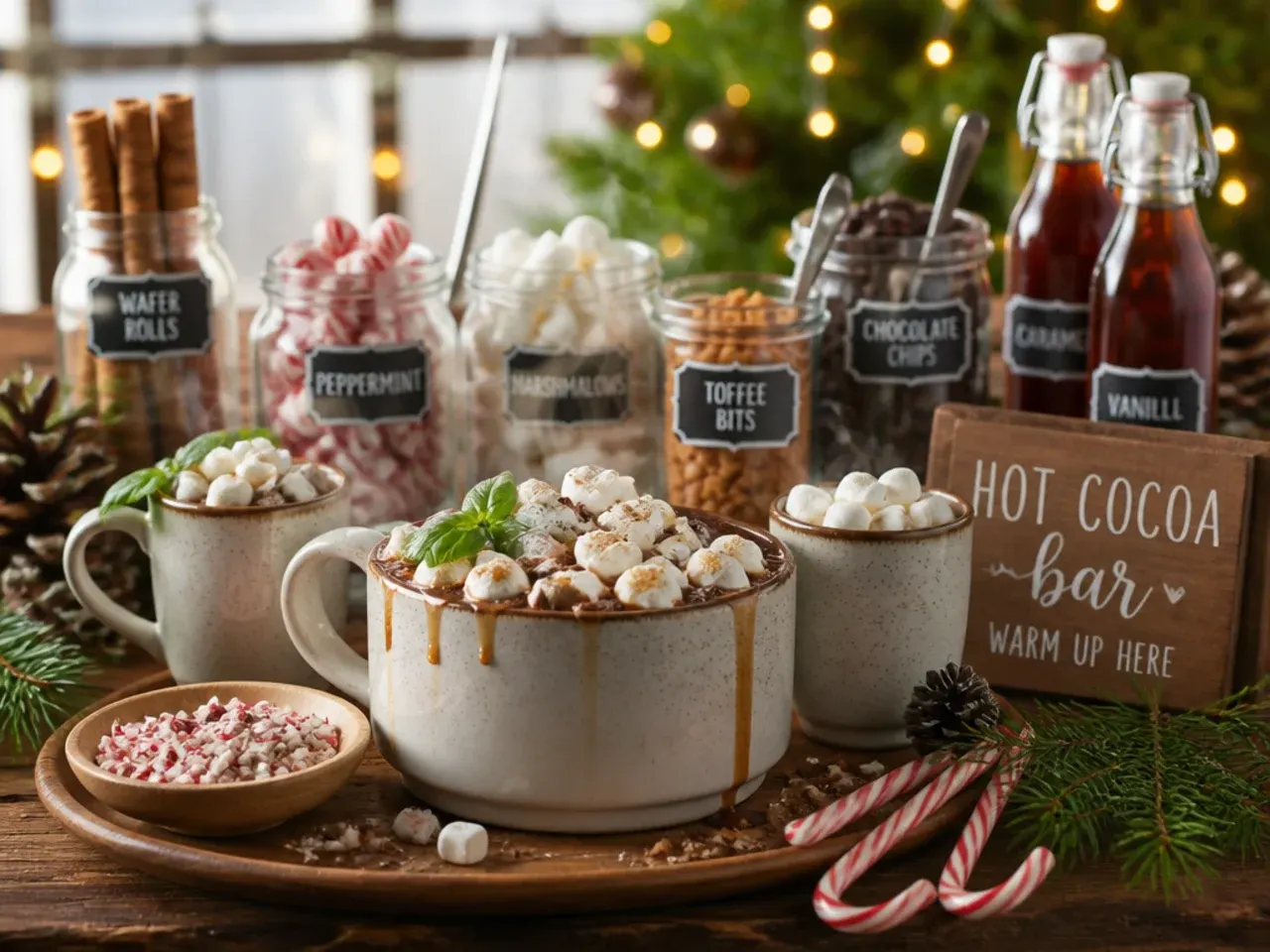 Festive hot cocoa mug with red and green sprinkles and a gingerbread biscuit on the side