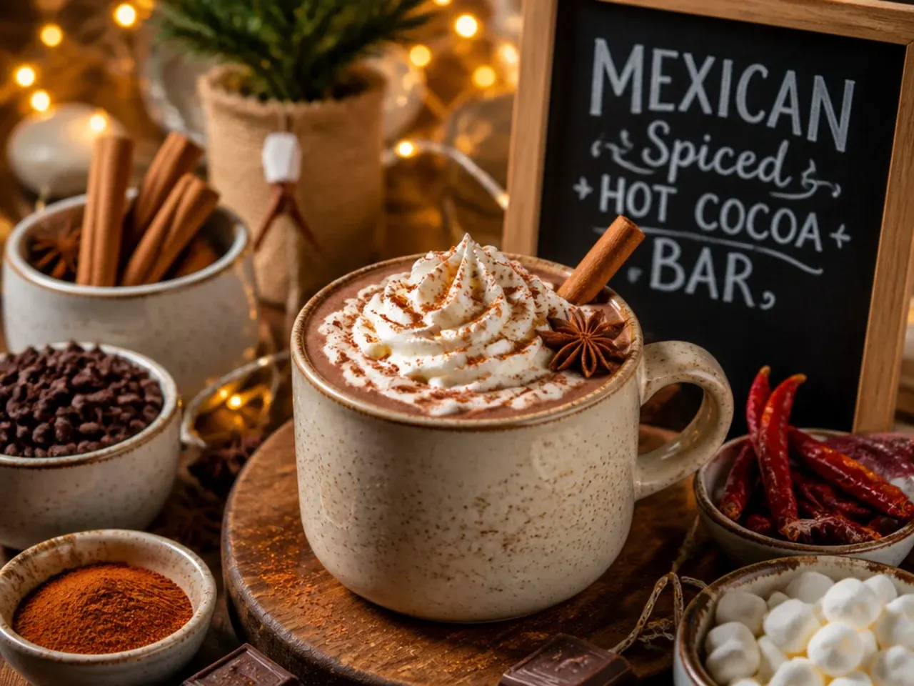 Mexican spiced hot cocoa in a rustic mug with a cinnamon stick and dusting of chilli
