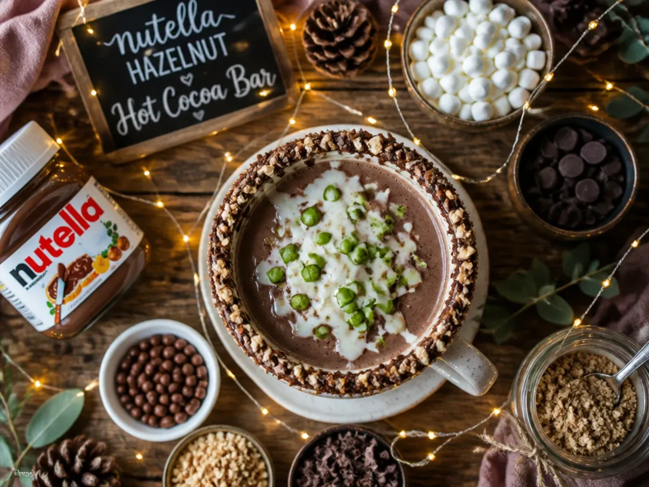 Hot cocoa mug with Nutella swirl, whipped cream and chopped hazelnuts