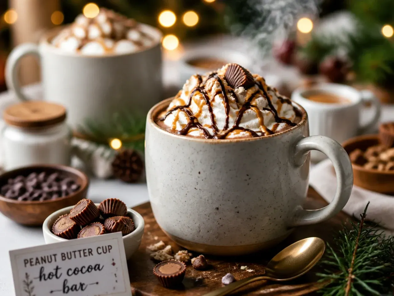 Hot cocoa mug topped with whipped cream and chopped peanut butter cups