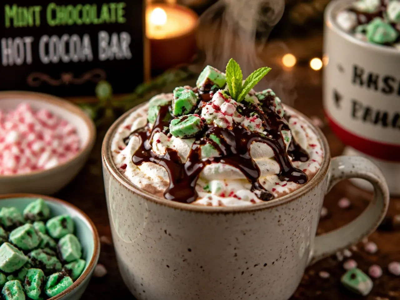 Mint hot cocoa with chocolate shavings and a sprig of fresh mint on top