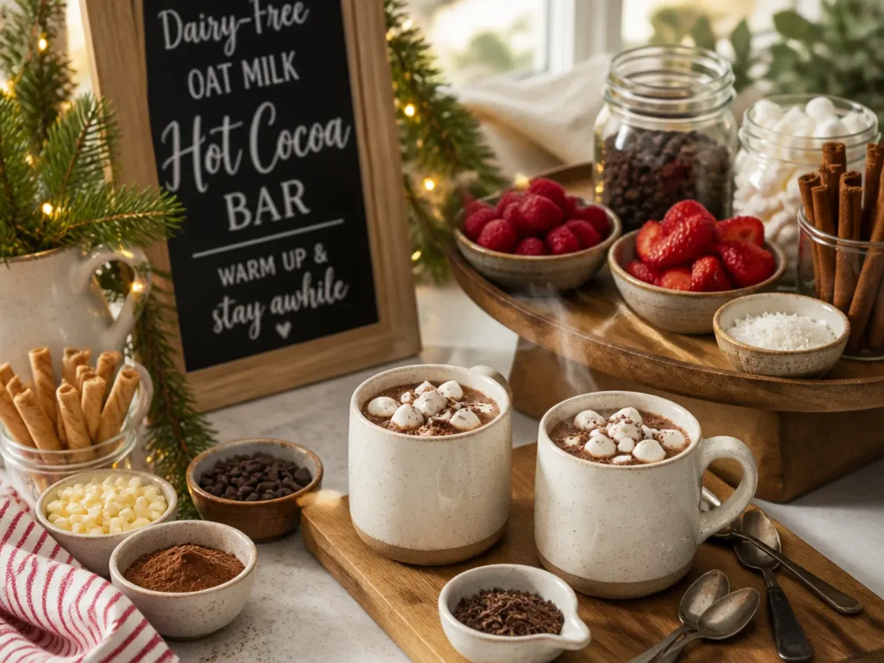 Dairy-free hot cocoa made with oat milk topped with coconut whipped cream