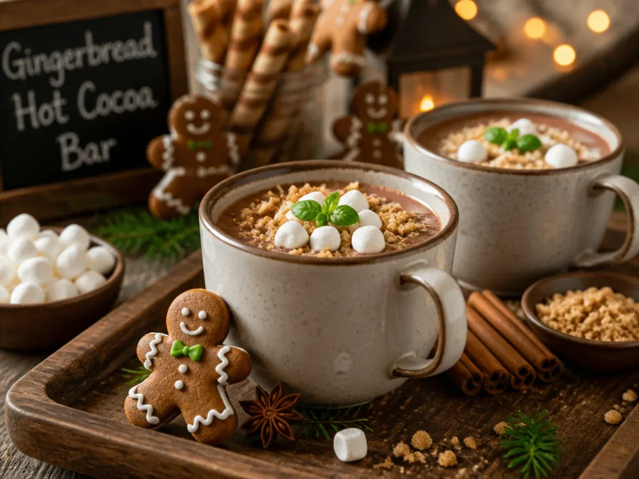 Gingerbread hot cocoa mug topped with whipped cream and a crumbled gingerbread biscuit