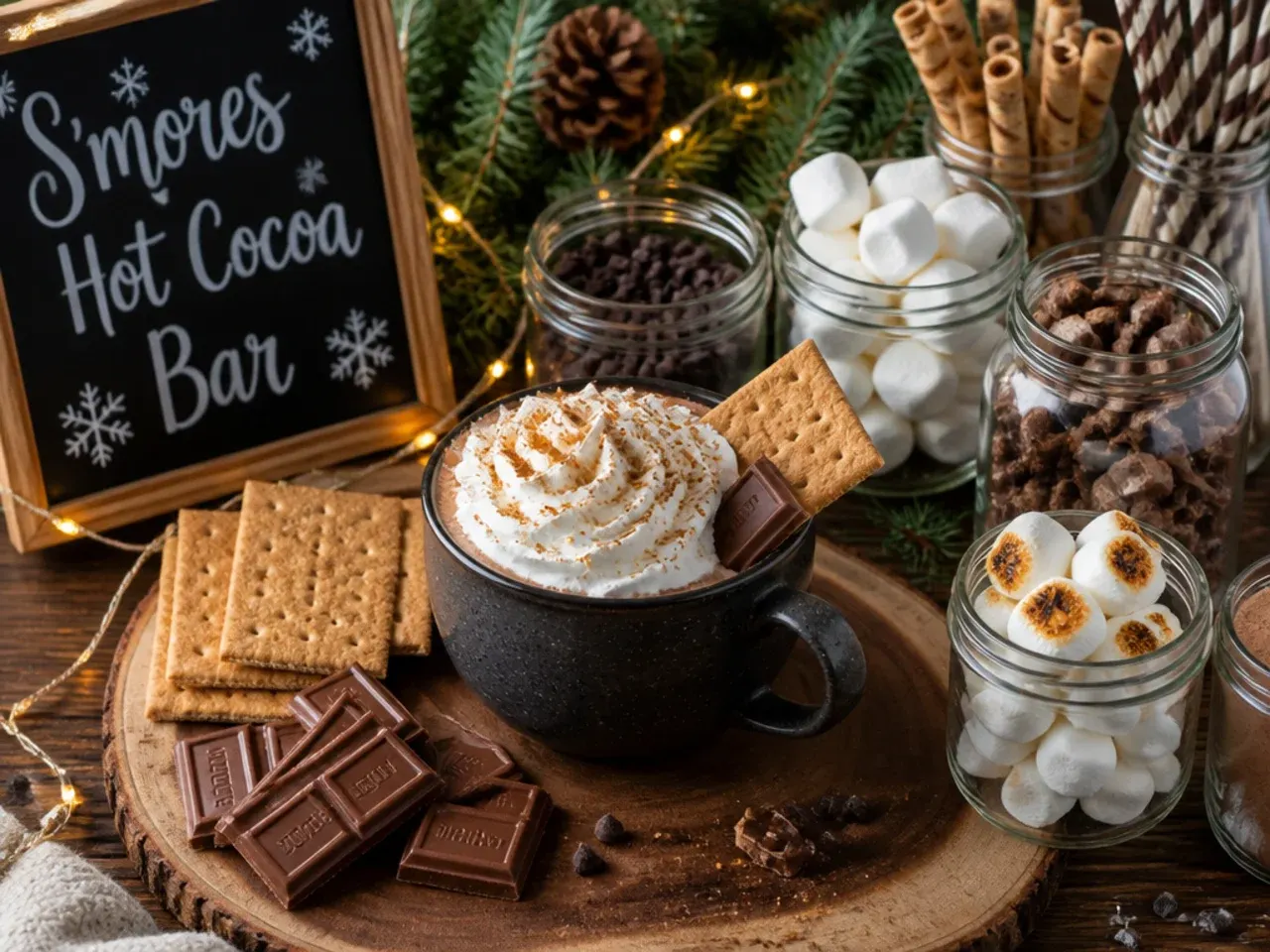 Hot cocoa mug topped with toasted golden marshmallows and a graham cracker rim
