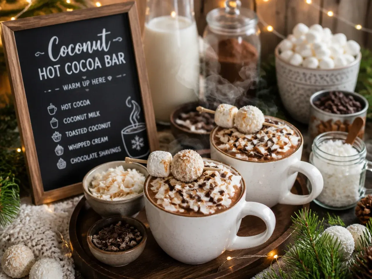Coconut hot cocoa topped with toasted coconut flakes and a chocolate drizzle