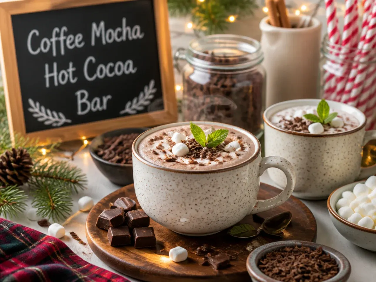 Mocha hot cocoa mug with whipped cream, cocoa dusting and coffee beans on top