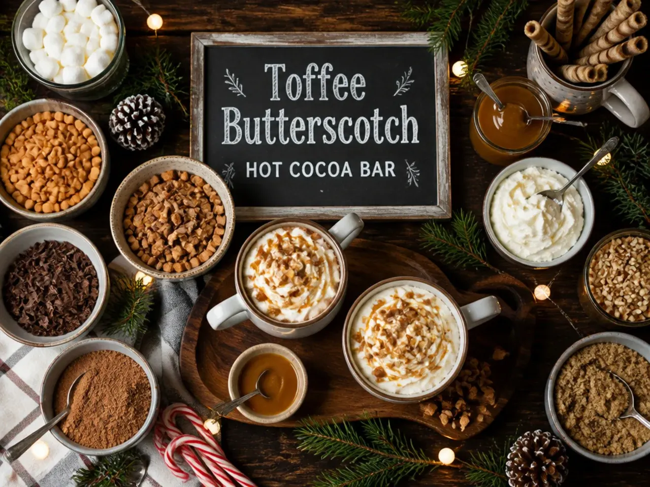 Hot cocoa mug with toffee sauce swirl, whipped cream and chopped toffee bits