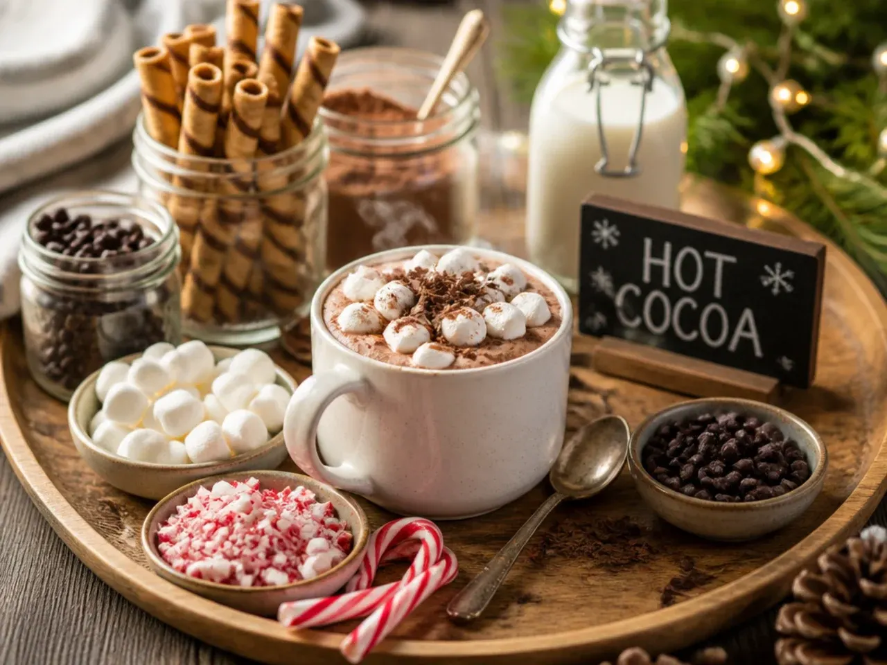 Rimmed glass mugs of hot cocoa with stirrers and napkins arranged on a tray