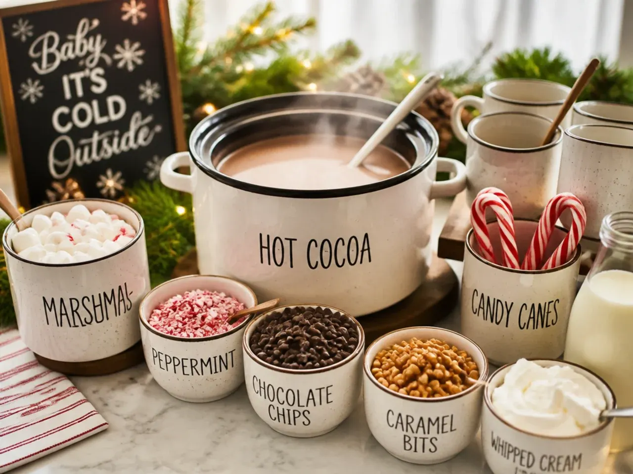 Jar of hot cocoa dry mix next to a saucepan of the liquid base being reheated