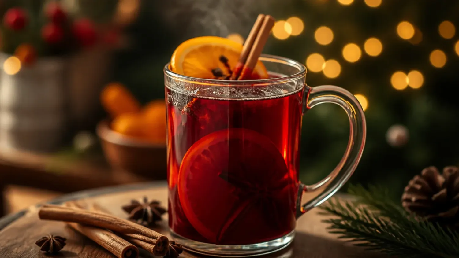 A wooden tray of hot holiday drinks including mulled wine, hot chocolate topped with whipped cream and candy canes, and spiced apple cider in glass mugs, surrounded by cinnamon sticks and orange slices
